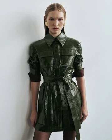 A fair-skinned adult female poses indoors wearing a shiny, green collared dress with a tie-belt, gold earrings, and dark stockings against a white wall.