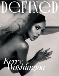 Monochrome portrait of Kerry Washington in a sheer draped headpiece for DEFINED Magazine October 2026