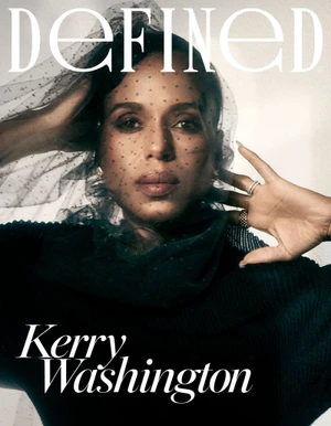 Kerry Washington wearing a black netted veil and dark top for DEFINED Magazine October 2026 covers photographed by Rachell Smith.