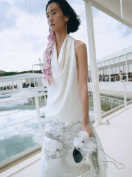 Model Lina Zhang walking a runway wearing a white sleeveless draped top and lace skirt holding a black clutch for Dior.