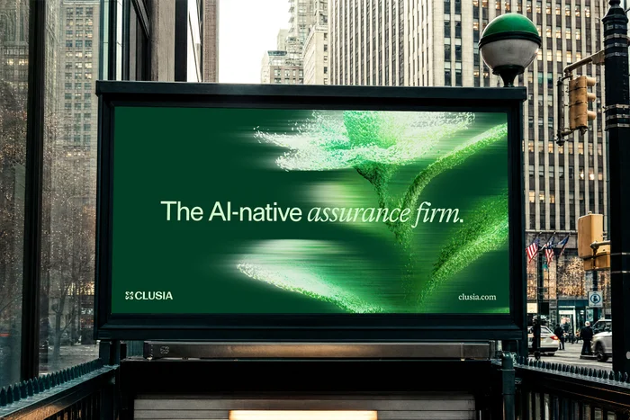 Clusia brand identity billboard showing a green digital flower graphic and text against an urban street background.