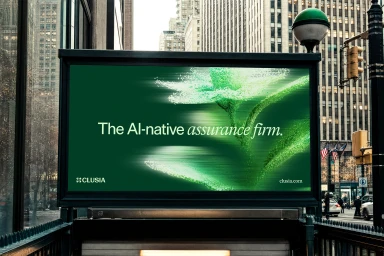 Clusia brand identity billboard showing a green digital flower graphic and text against an urban street background.