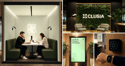 Collage of four images showing modern office interior branding, seating booths, digital screens, and smart access control panels for Clusia