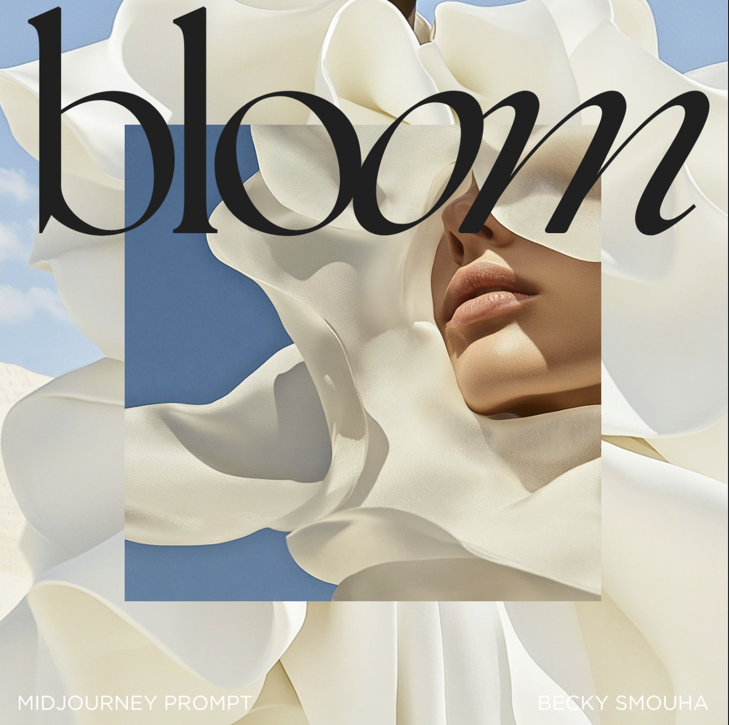 Digitally created image of a woman with a flower and the word 'bloom' against a blue sky background, with soft lighting.