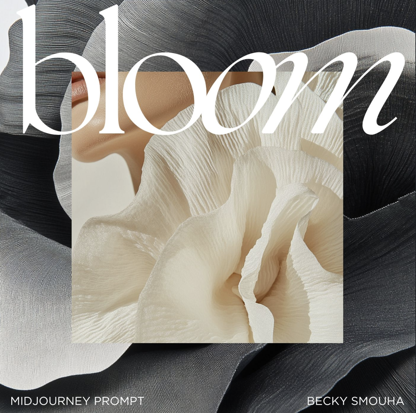 Conceptual image featuring a floral arrangement in white and grey tones, overlaid with the word 'bloom' in elegant white typography.