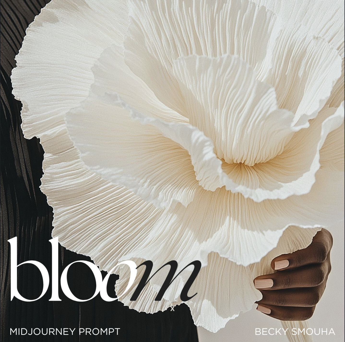 Close-up of a woman holding a large, textured, white flower, soft lighting, elegant aesthetic, floral theme, black draped fabric.