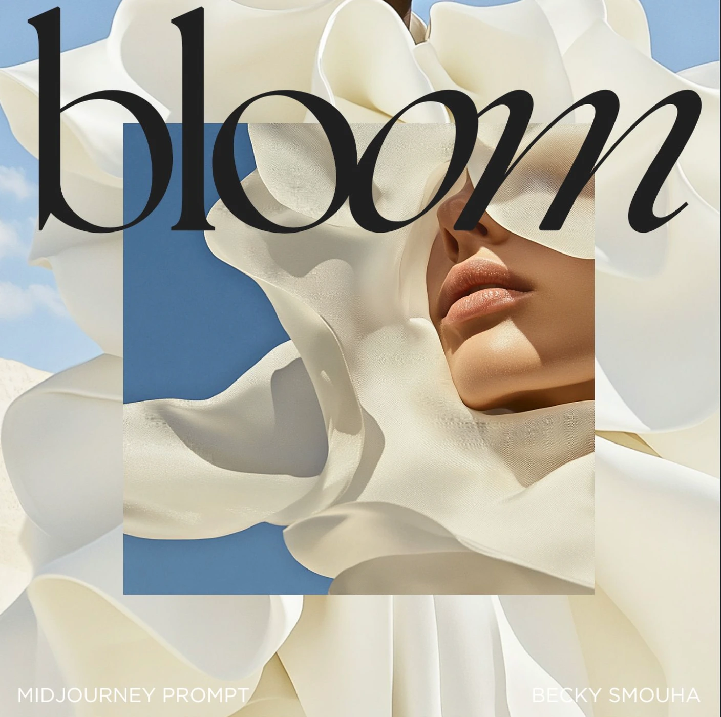 Close-up of a person's lower face partially obscured by large white layered ruffles against a clear blue sky background with the word bloom overlay