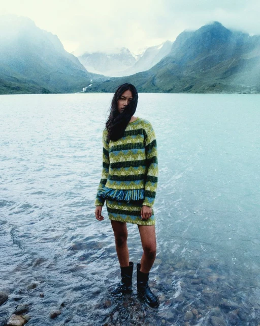 Adult female stands in water wearing a striped dress and black boots, with a lake and mountains in the misty background.