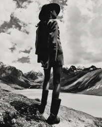 Model standing on a rocky mountain ridge wearing a wide-brimmed hat, jacket, and tall boots against a dramatic mountain and lake background.