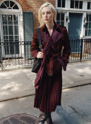 Model with blonde hair wearing a burgundy trench coat and pleated skirt standing on a brick street.