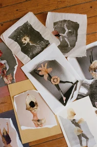 Collection of torn paper photo collages featuring figures adorned with flowers on a wooden floor