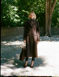Grace Elizabeth in a long brown coat holding a handbag outdoors for Veronica Beard Fall 2026