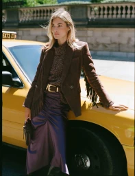 Model Grace Elizabeth leaning against a yellow taxi wearing a brown fringe blazer and a purple skirt