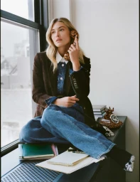 Model Grace Elizabeth sits on a desk holding a leopard print phone for the Veronica Beard Fall 2026 campaign.