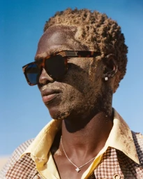 Model Monykuoch Deng wearing tortoiseshell sunglasses against a clear blue sky for At Large Magazine Ocean Dunes editorial.
