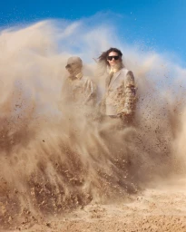 Two figures in suits standing outdoors amidst a swirling cloud of sand against a clear blue sky