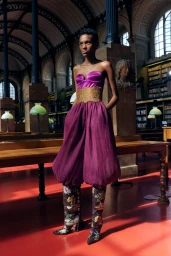 Model standing in a historic library wearing a magenta strapless top and voluminous textured trousers