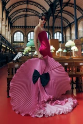 Model in pink strapless dress holding a large pleated fan hem with a black bow in a grand library hall