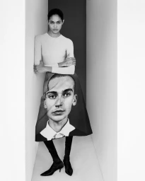 Model Thalita Ferreira standing in a narrow corridor wearing a printed skirt featuring a large portrait for Self Service