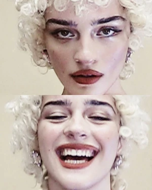 Close-up split portrait of a woman wearing a blonde curly wig, dark lips, and earrings for SHADOWPLAY Magazine.