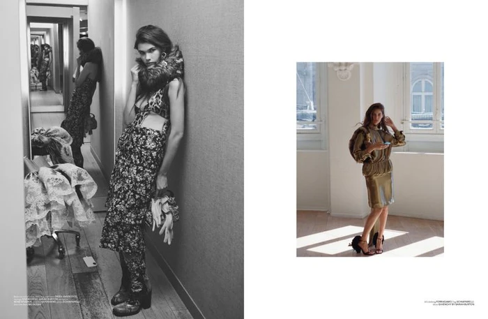 Black and white editorial spread showing a model leaning against a hallway wall and a full color inset photo in a bright room.