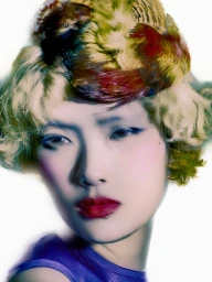 Close-up portrait of model Xie Chaoyu with feathered hair styling and vibrant makeup for Numero Netherlands Private Motion editorial