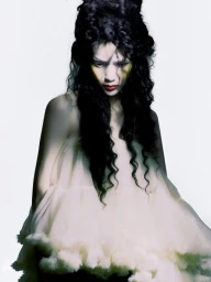 Model Xie Chaoyu with dark curly hair wearing a layered white dress against a plain white background for Numero Netherlands.
