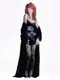 Model Xie Chaoyu with red hair wearing black lace dress and coat against a white background for Numero Netherlands.