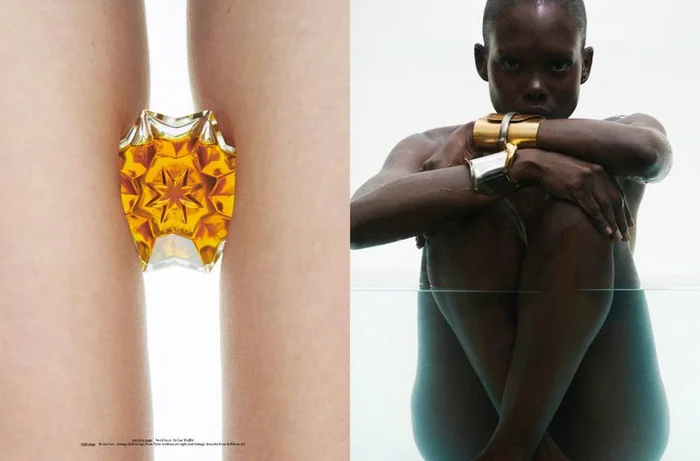Diptych editorial image featuring close-up legs framing a crystal bottle and a person wearing metal cuffs in water.