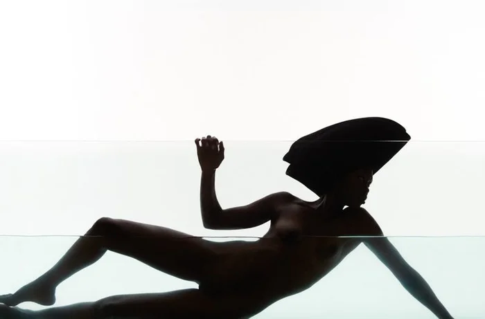 Silhouette of a reclining woman with a sculptural headpiece partially submerged in water against a bright white background.