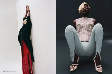 Diptypt fashion editorial showing a model in a black coat and red skirt against a white wall and a model in a plaid top and leggings