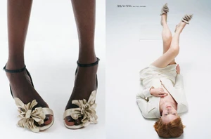 Two side-by-side fashion shots showing legs and feet in strappy sandals with fabric flower details against a white background.