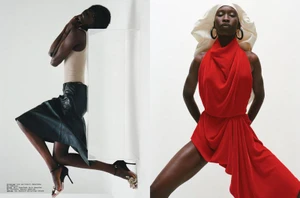 Two fashion models posing against a white background in a magazine spread for Stretched by Zoe Natale Mannella.