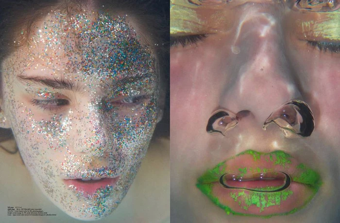 Close-up underwater portrait of a model with glitter on her face and vibrant green makeup on her lips.