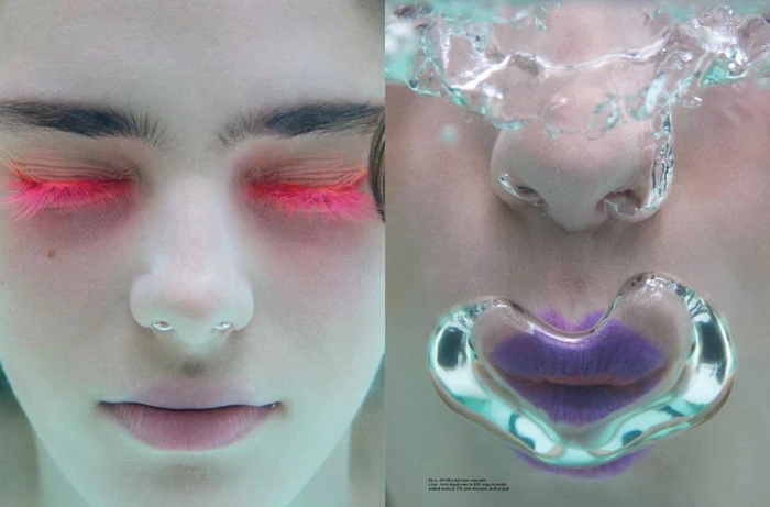 Close-up split view of a model underwater featuring vibrant pink eyelashes and purple lips pressed against a large air bubble.