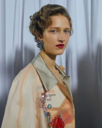Model with vintage-styled hair wearing embellished jacket and statement earring against white curtain background
