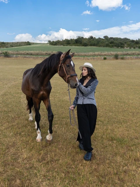Woman in velvet blazer leads brown horse in sunny field, blue sky with clouds, rural countryside fashion.