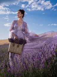 Woman in a sheer lavender dress standing in a blooming lavender field holding a straw basket of flowers under a blue sky.