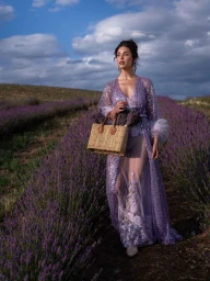 Woman in sheer lavender sequined dress holding a straw basket walking through a blooming lavender field under a cloudy sky