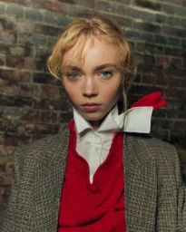 Model with blonde hair wearing a plaid blazer, red sweater, and white collared shirt against a brick wall background