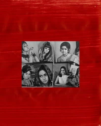 Collage of six black and white portraits of South Asian women framed within a textured red background