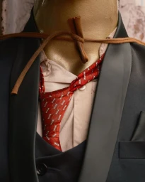 Close-up of a mannequin wearing a dark blazer, light shirt, red patterned tie, and a tied cord necklace.