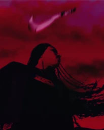Low angle shot of a woman with braided hair against a dramatic red sky with a floating Nike swoosh logo