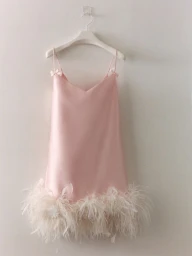 A pink slip dress with feather trim hanging on a white hanger against a plain white wall.