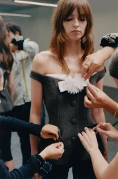 Model standing as multiple hands adjust a grey wool corset top with white bow detail in a backstage studio setting