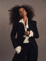Ramla Ali wearing a dark suit jacket and white shirt against a neutral background for Elle UK, photographed by Sharif Hamza.