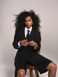 Ramla Ali seated on a wooden chair wearing an oversized black suit and white shirt against a neutral background.