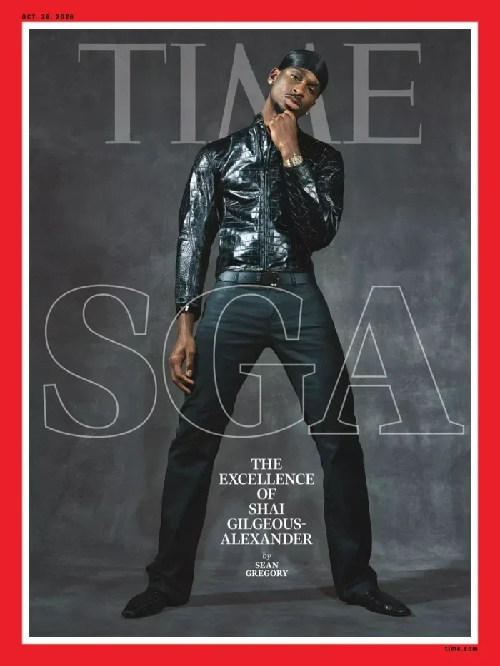 Shai Gilgeous-Alexander wearing a glossy black jacket and dark trousers on a Time Magazine cover photographed by Sharif Hamza