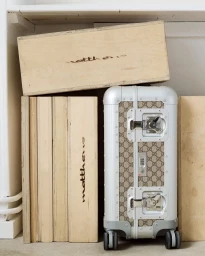 Silver and monogram print suitcase standing upright next to stacked wooden crates in a studio setting.