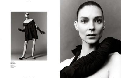 Monochrome fashion spread featuring model Kati Nescher in a black off-the-shoulder dress and opera gloves against a grey studio backdrop.